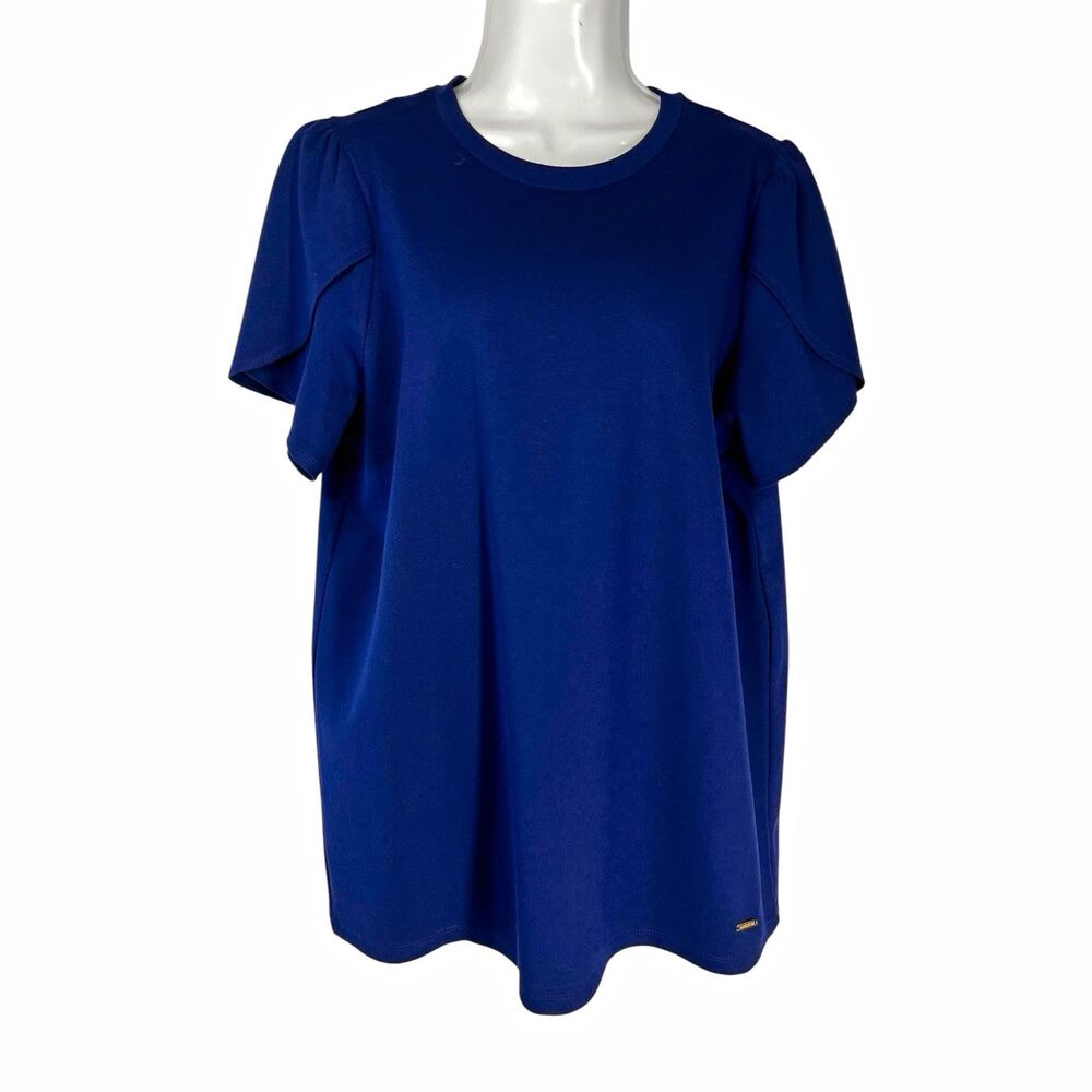 Anne Klein 1X Blouse Navy Blue Jersey Knit Crew Neck Short Sleeve Pullover